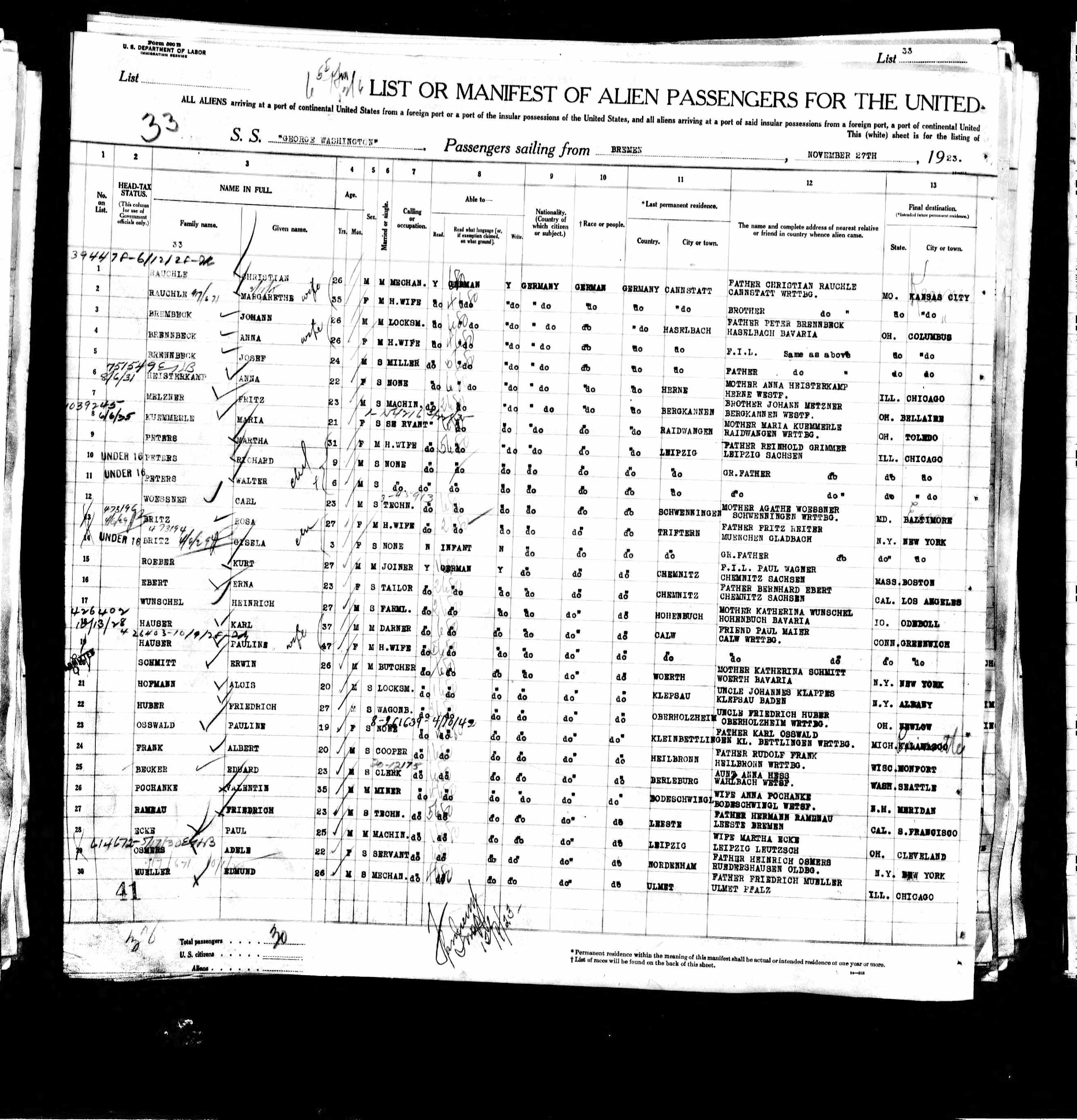 New York Passengers List for Fred Huber 